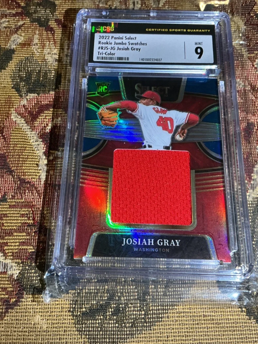2022 Panini Select Josiah Gray Rookie Jumbo Swatch Jersey Tri-Color /99 CSG 9